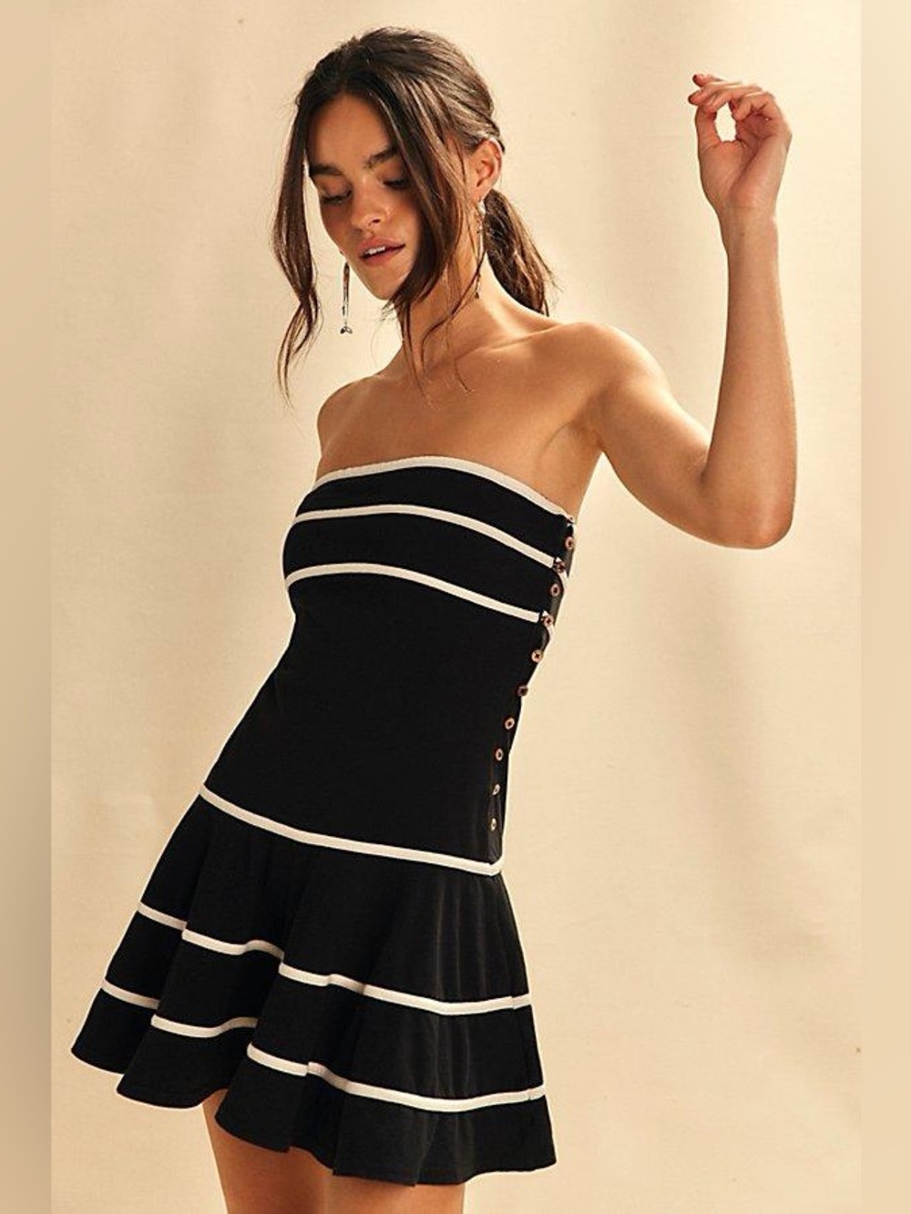NWT Free People Ravine Dress‎ Mini Black A-Line Striped Trim small